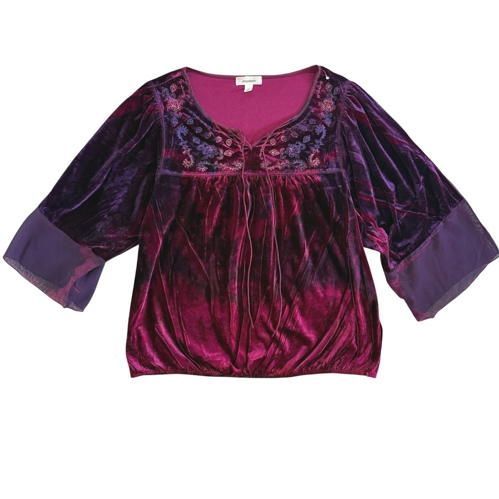 Dressbarn Velvet Embroidered Blouse Purple Burgundy Top XL Ombre Boho Witchy